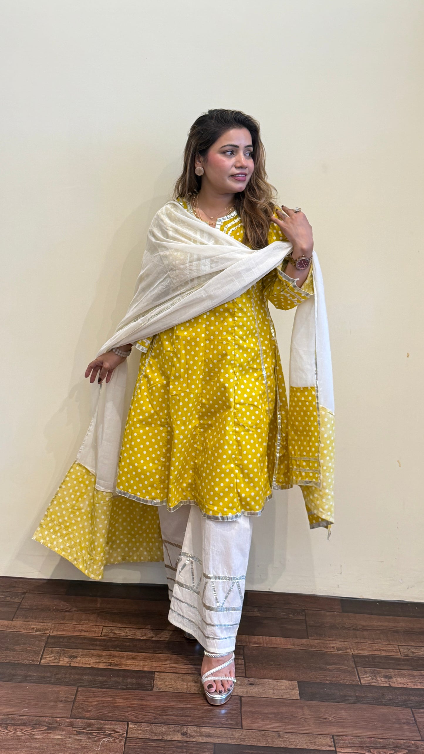 Sunshine Yellow And pink Polka Dot Kurta Set with Dupatta