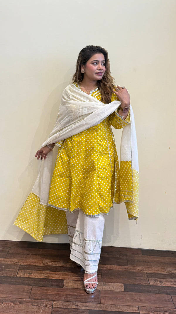 Sunshine Yellow And pink Polka Dot Kurta Set with Dupatta