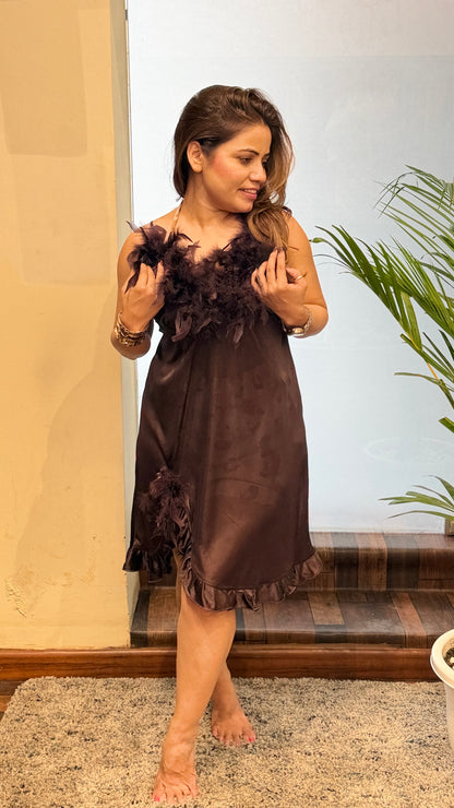 Chocolate Brown Feather Trim Satin Dress with Cape