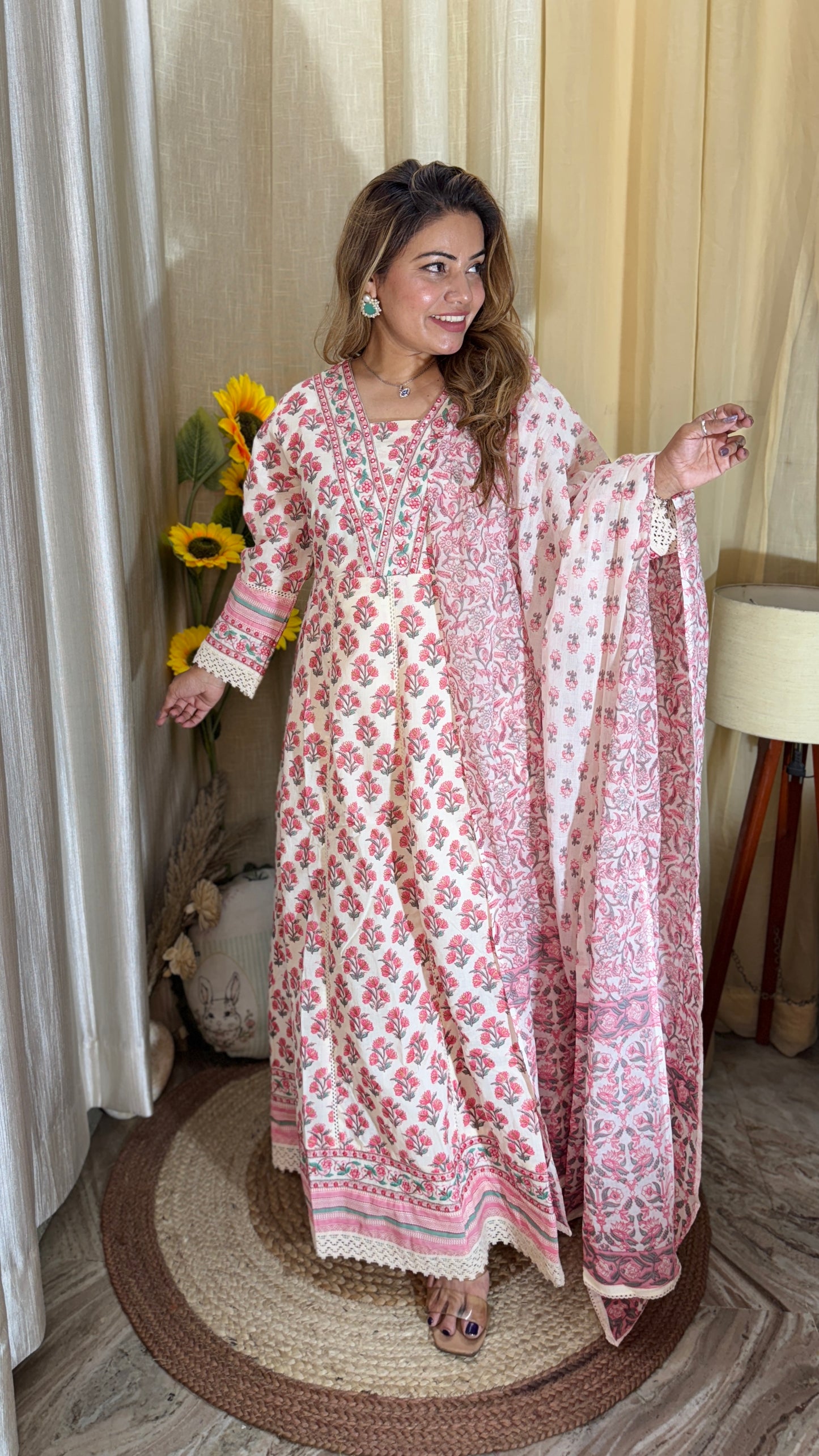 Graceful pink floral Anarkali suit set