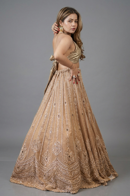 TIMELESS GOLDEN LIGHT MUGHAL EMBROIDERED LEHENGA WITH DUPATTA & UNSTITCHED BLOUSE PIECE