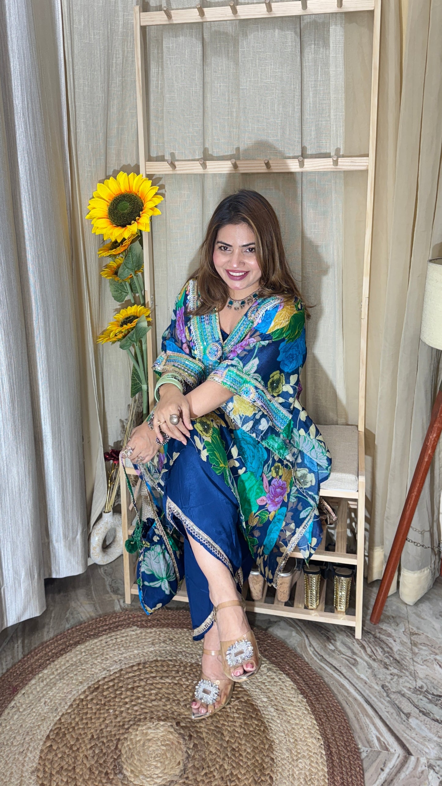 Embellished Floral Kaftan Set with Pants & Potli Bag