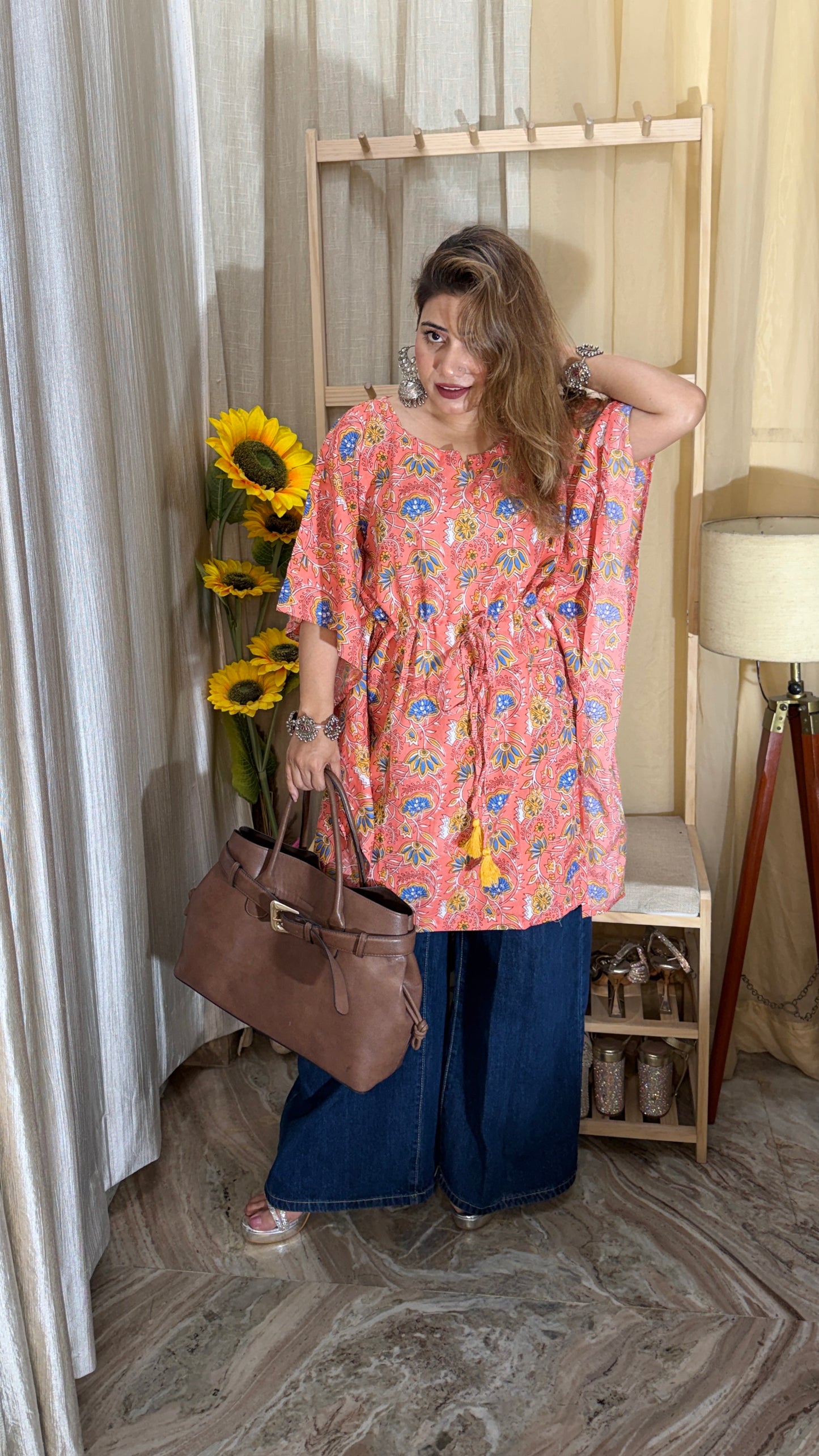 Peach Floral Printed Cotton Kurti with Tassel Tie-Up