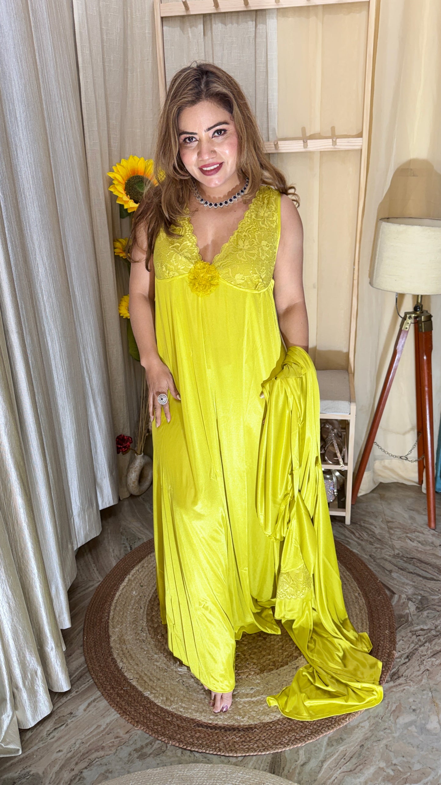 3pc Luxury Satin Lace Nighty with Robe – Sunshine Yellow