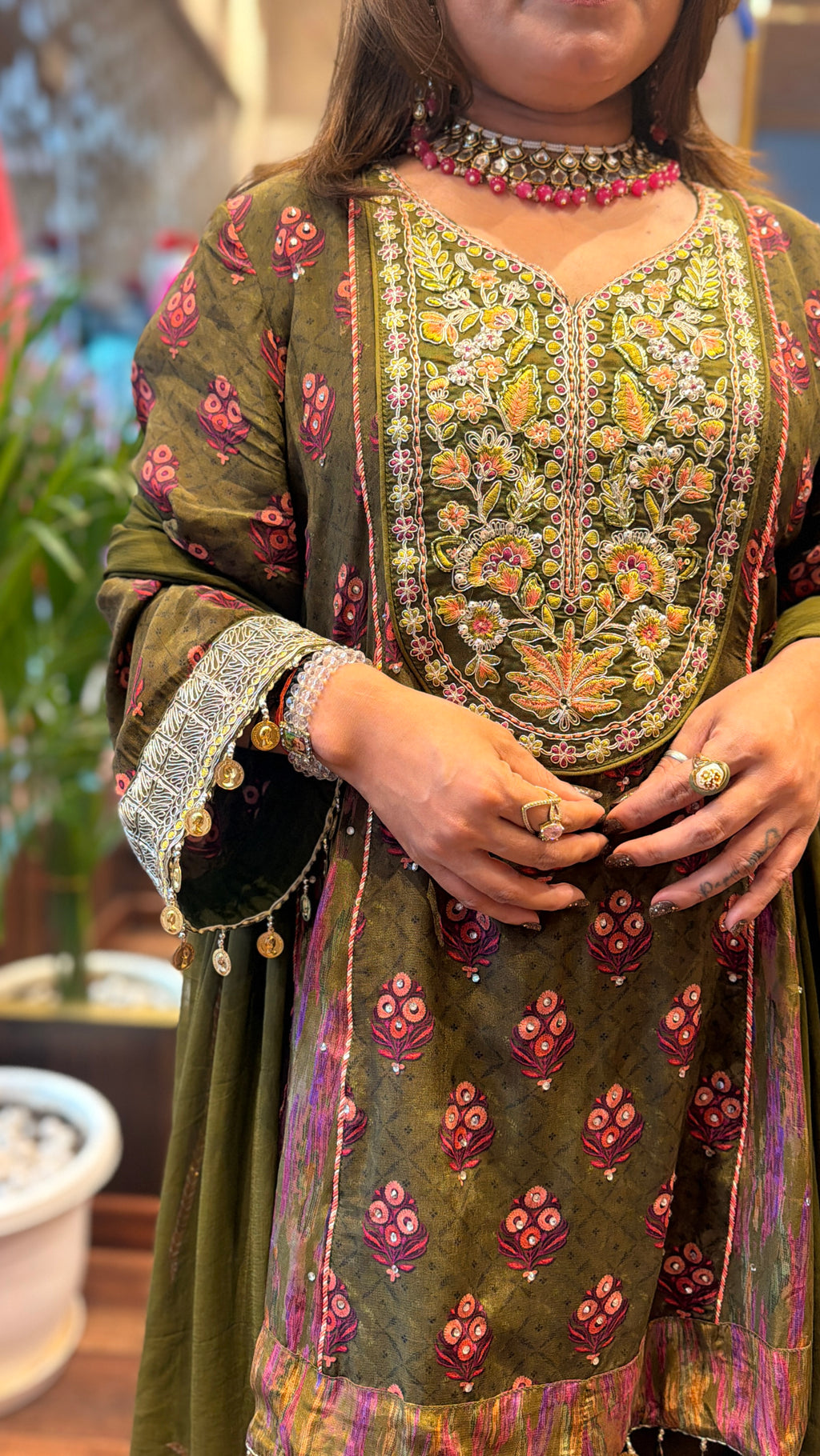 Olive Green Embroidered Crepe Jhoika Set