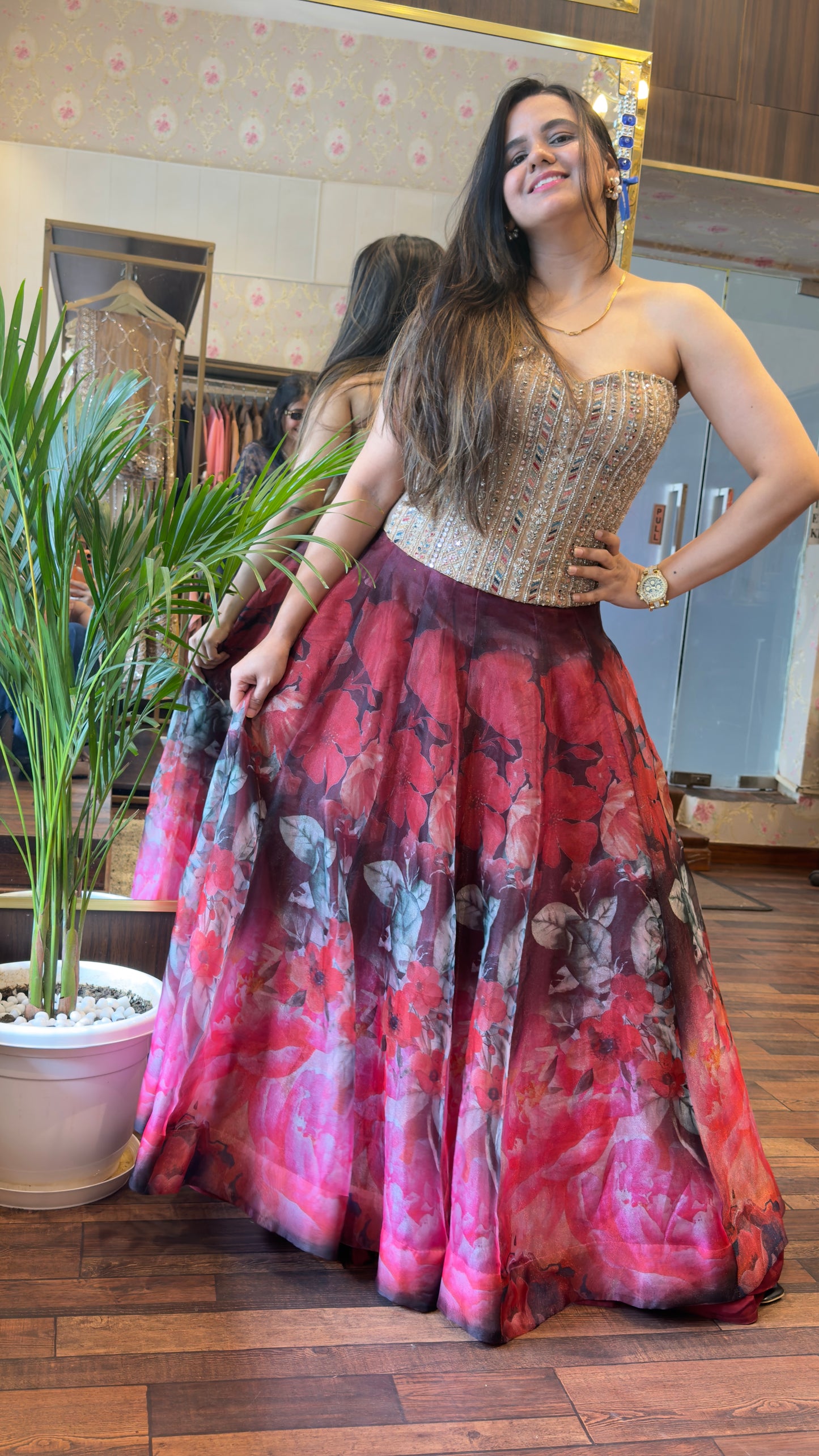 Embroidered Corset with Printed Organza Lehenga – 2-Piece Set