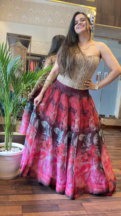 Embroidered Corset with Printed Organza Lehenga – 2-Piece Set