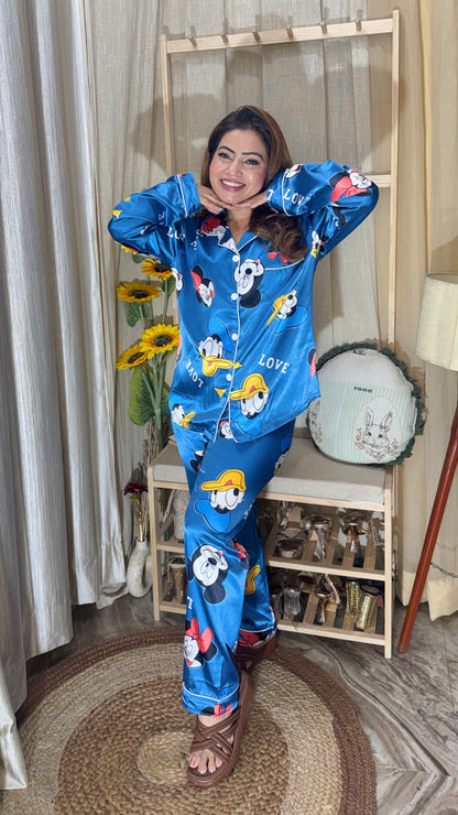 Blue Cartoon Print Satin Night Suit Set