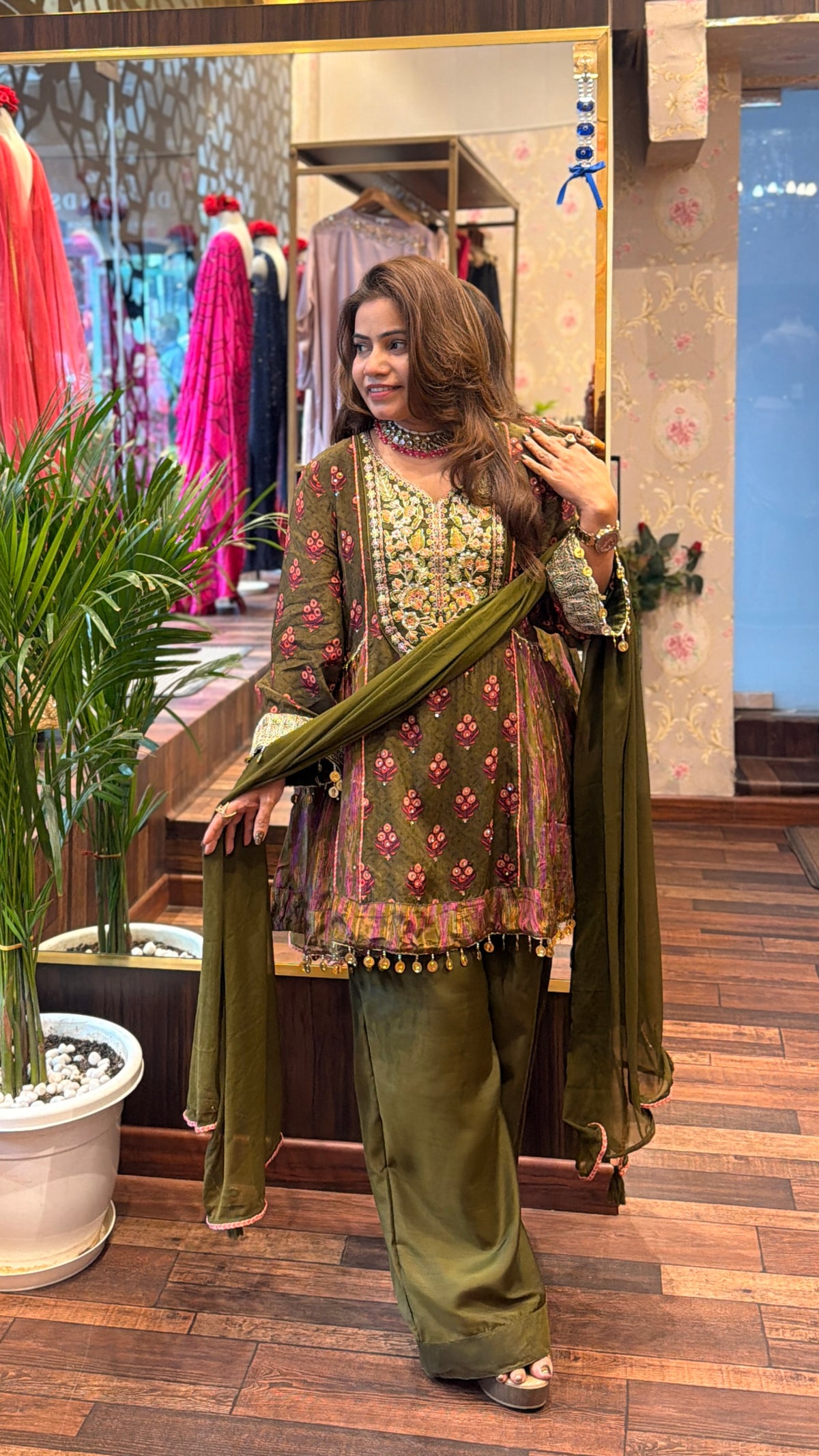 Olive Green Embroidered Crepe Jhoika Set