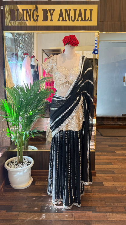 Black & Gold Mirror Work Lehenga Saree Set | Designer Cocktail & Wedding Wear | Bling by Anjali