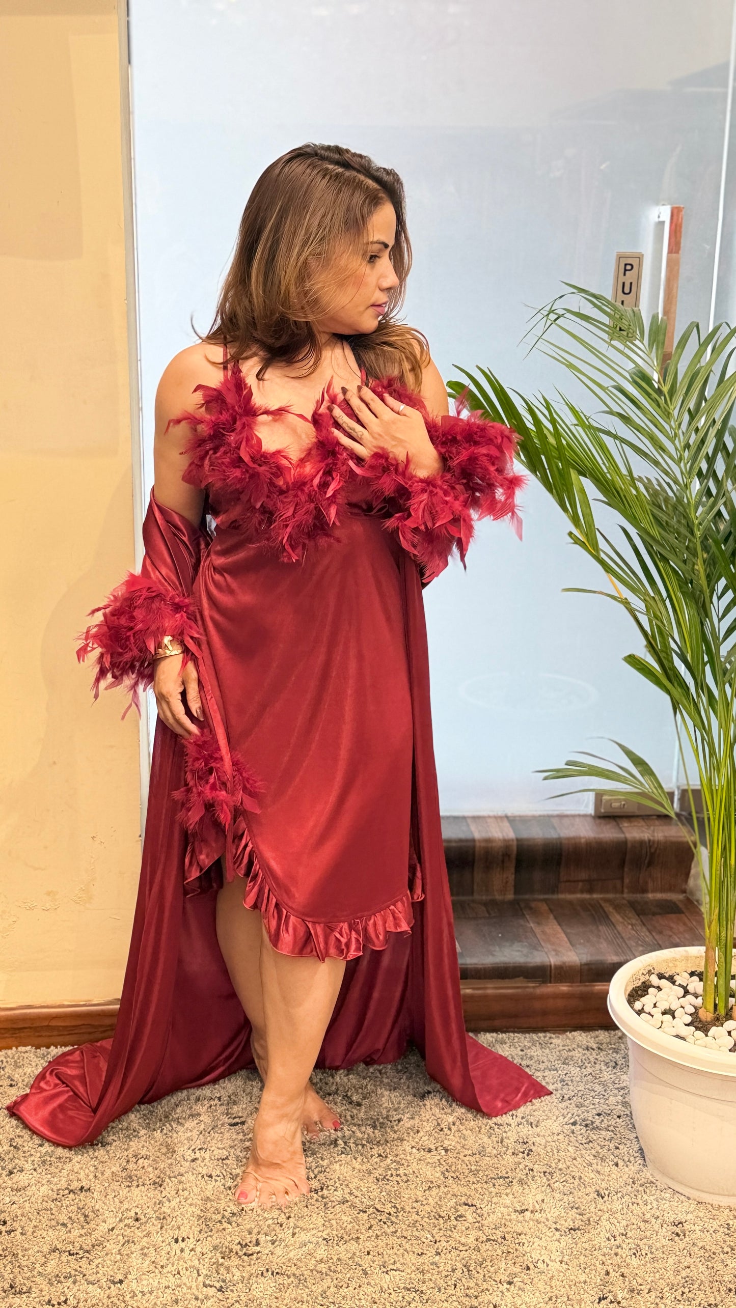 Deep Red Feather Trim Satin Dress with Statement Cape