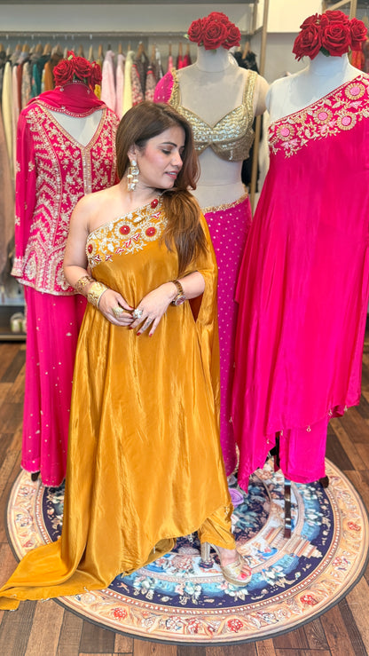 One-Shoulder Embroidered Draped Set | Blush Pink Sunset & Fuchsia Luxe Edit