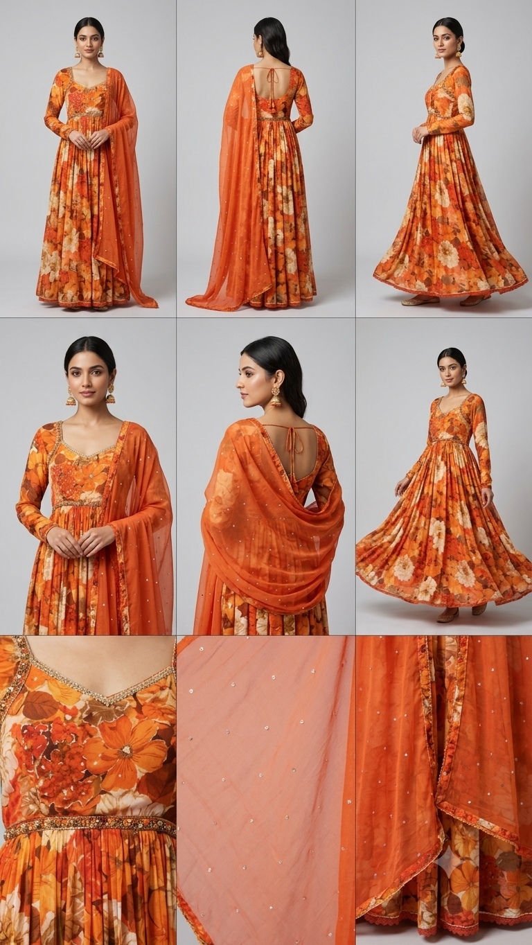2PC Orange Floral Anarkali Suit Set with Embellished Dupatta