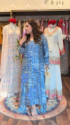 Blue Contemporary Printed Gaji Silk Satin Two-Piece Set