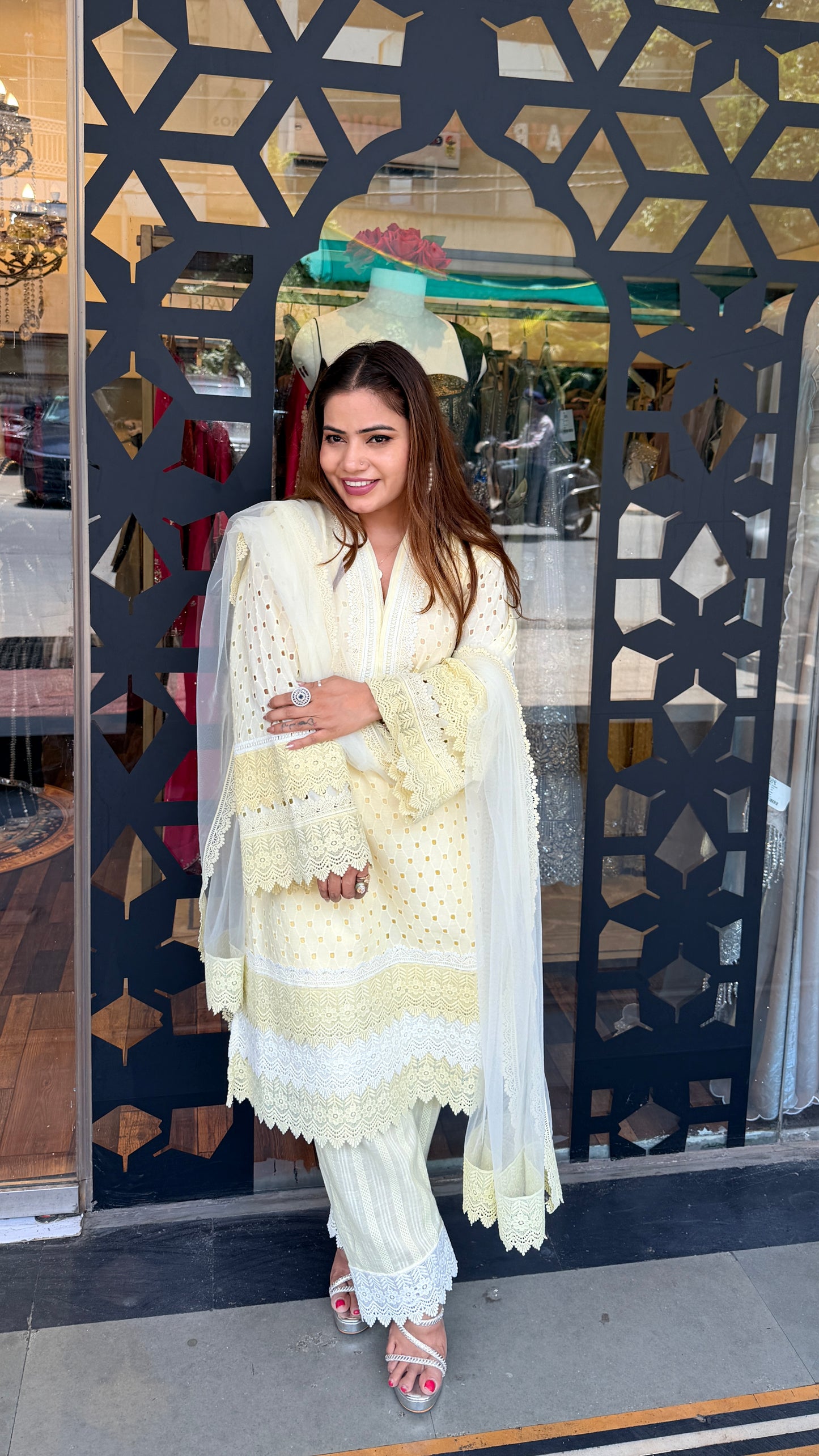 Butter Yellow Chikankari Kurta Set with Lace & Dupatta | Luxury Summer Ethnic Wear | Defence Colony Designer