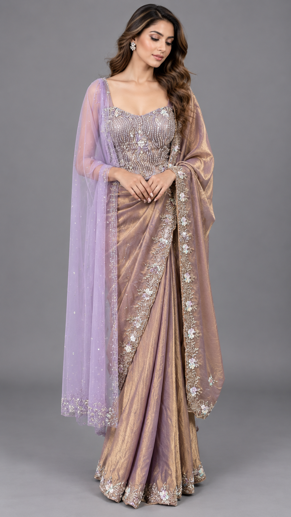 Mauve-Gold Shimmer Saree Set