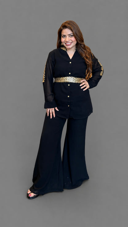 Black Gold Embellished Co-ord Set with Sheer Sleeves