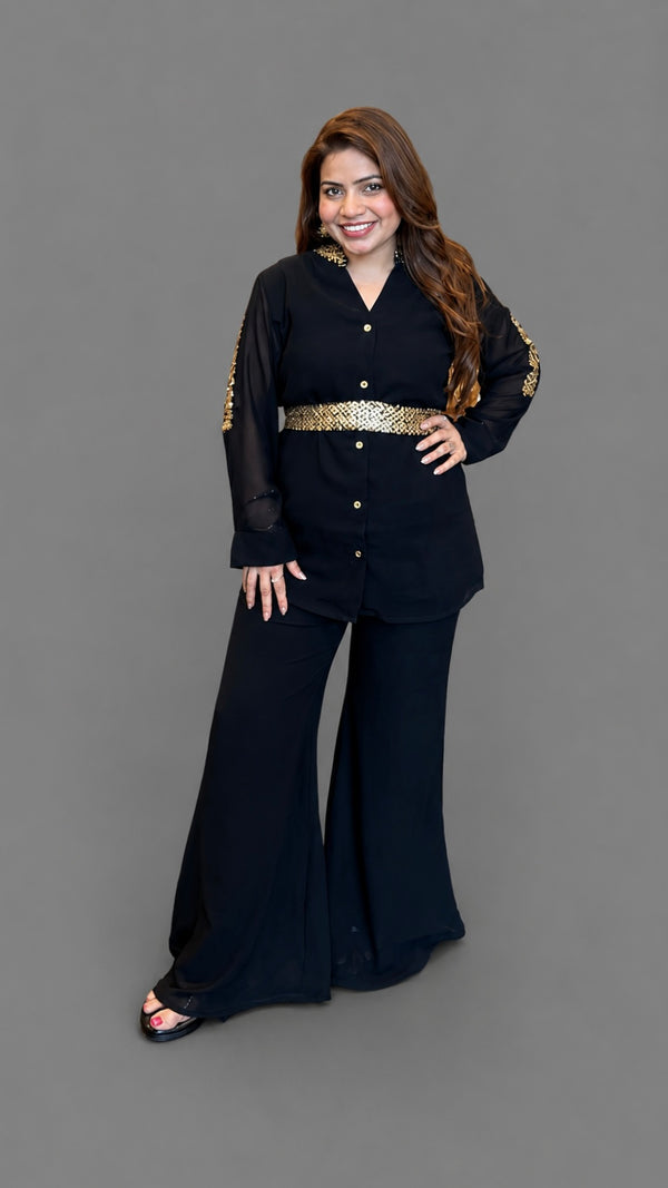 Black Gold Embellished Co-ord Set with Sheer Sleeves