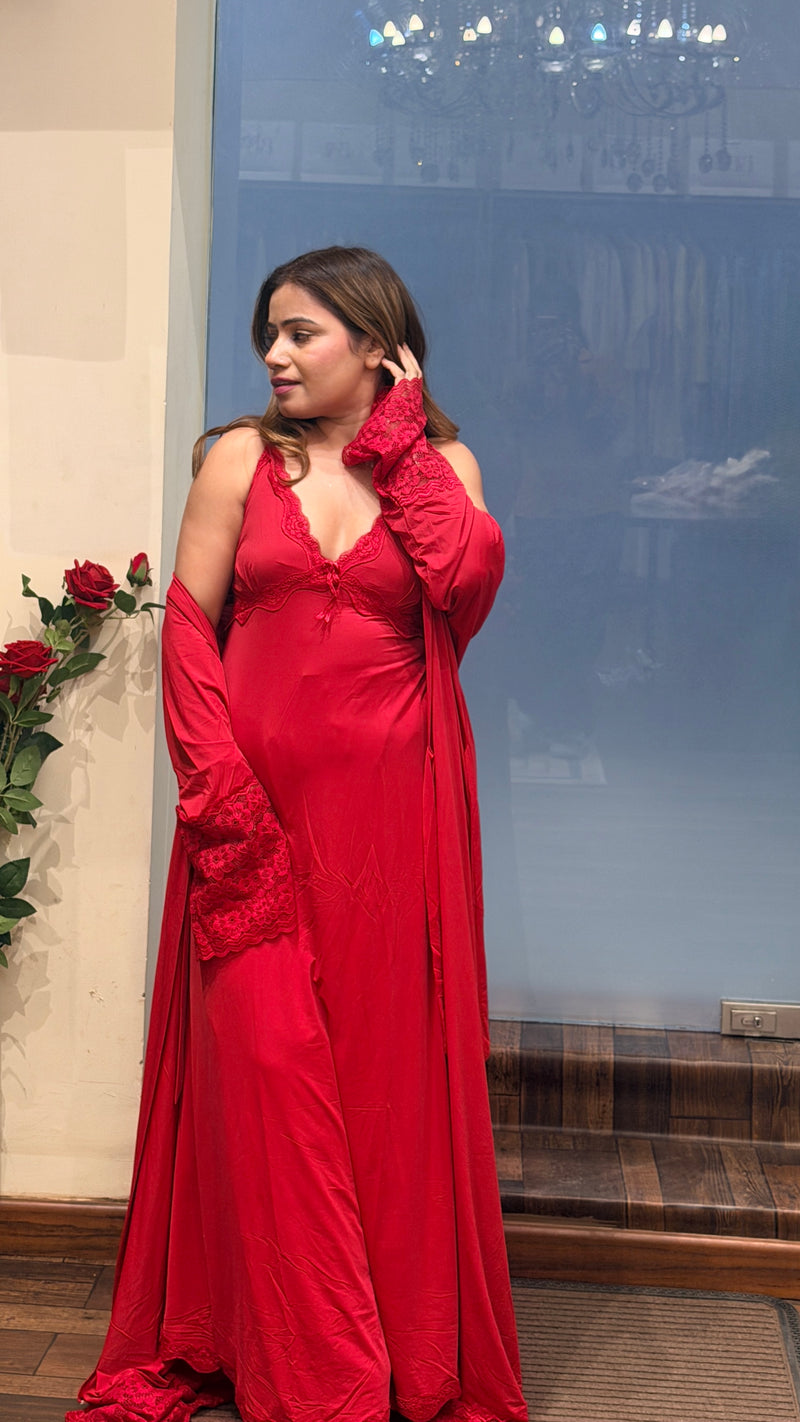 Luxury Red Satin Nightwear Set with Lace Detail & Robe