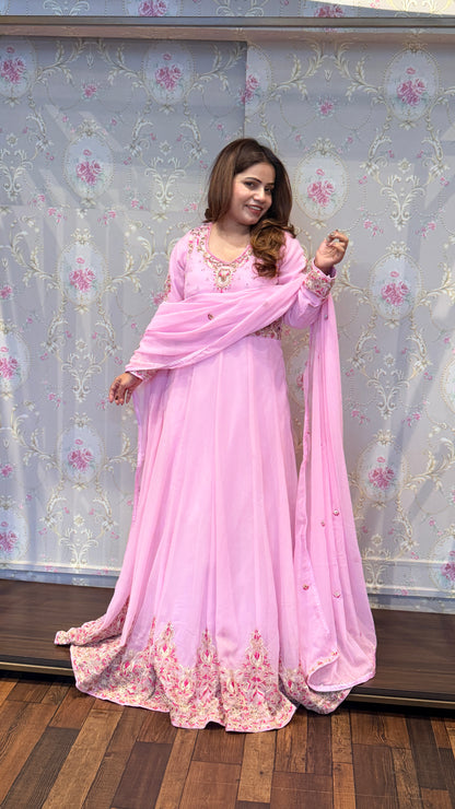Blush Pink Embroidered Anarkali Suit Set with Dupatta
