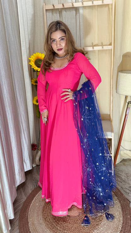 Hot Pink Anarkali Kurta Set with Navy Blue Sequins Dupatta