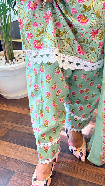 Mint Green Floral Printed Kurta Set with Lace Detailing & Dupatta