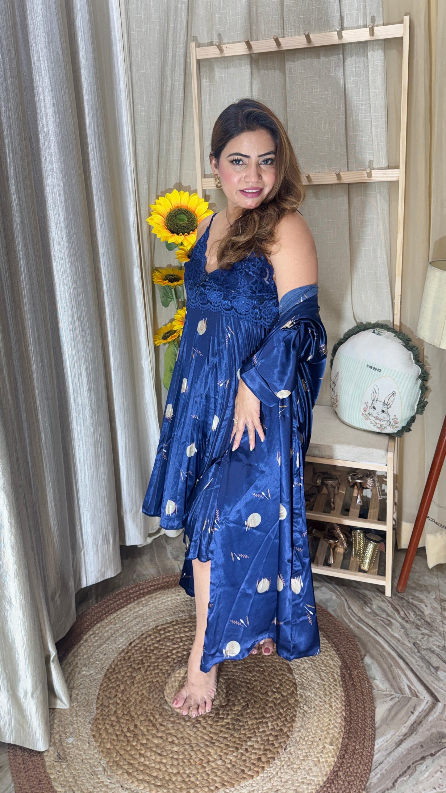 Luxury Navy Blue Satin Lace Nighty with Printed Robe – 2 Piece Nightwear Set
