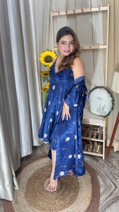 Luxury Navy Blue Satin Lace Nighty with Printed Robe – 2 Piece Nightwear Set