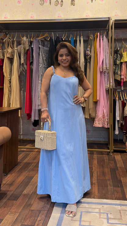 Pure Linen Powder Blue Long Maxi Dress