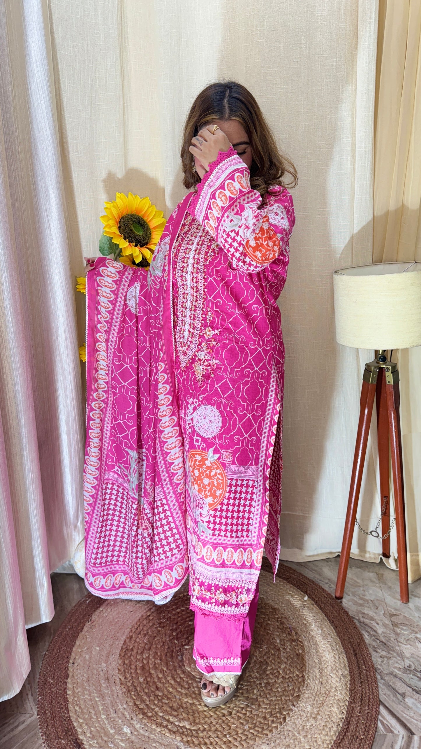 Fuchsia Bloom Embroidered Cotton Suit set
