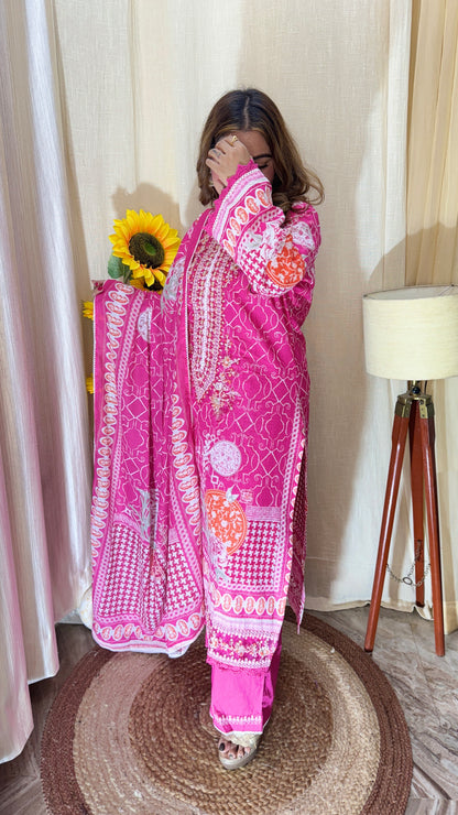 Fuchsia Bloom Embroidered Cotton Suit set