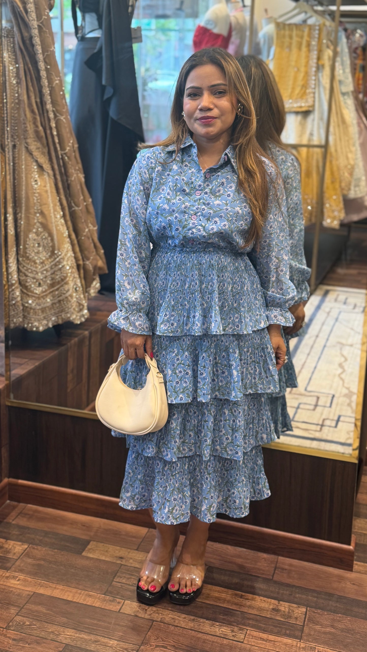 Romantic Layered Floral Midi Dress with Shirt Collar