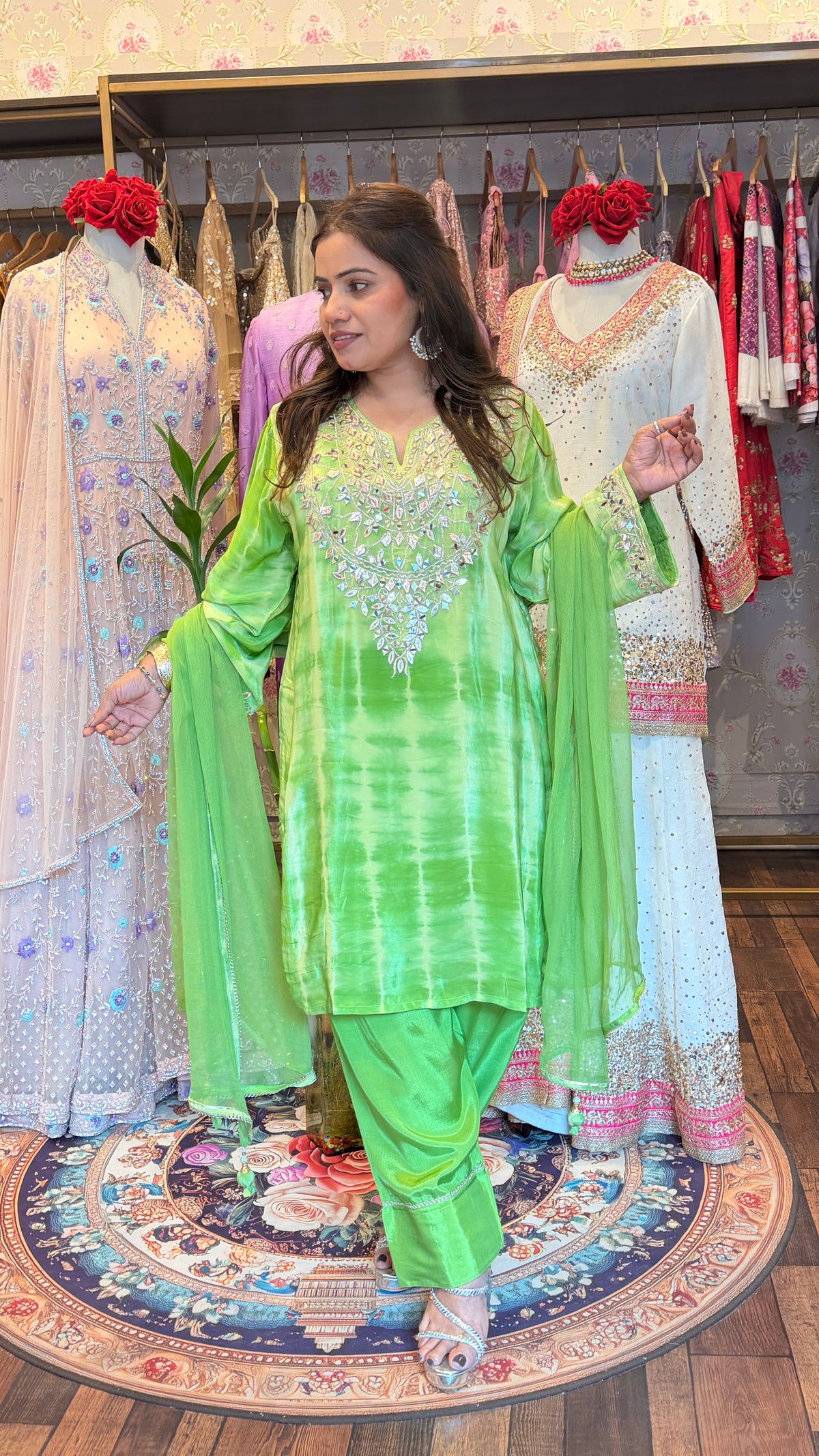 Lime Green Mirror Work Suit Set with Dupatta