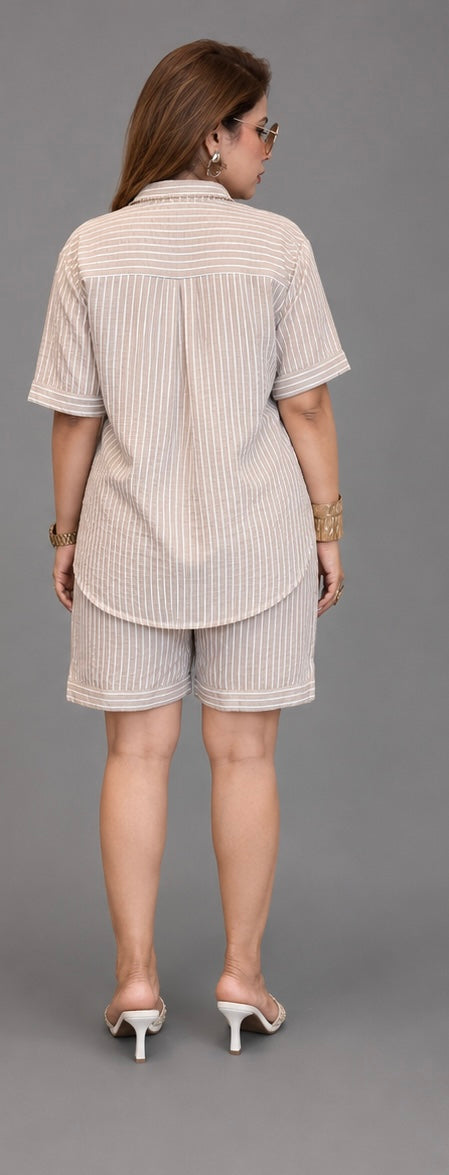 Beige Striped Co-ord Set with Shirt & Shorts | Luxury Casual Summer Outfit | South Delhi Boutique Wear
