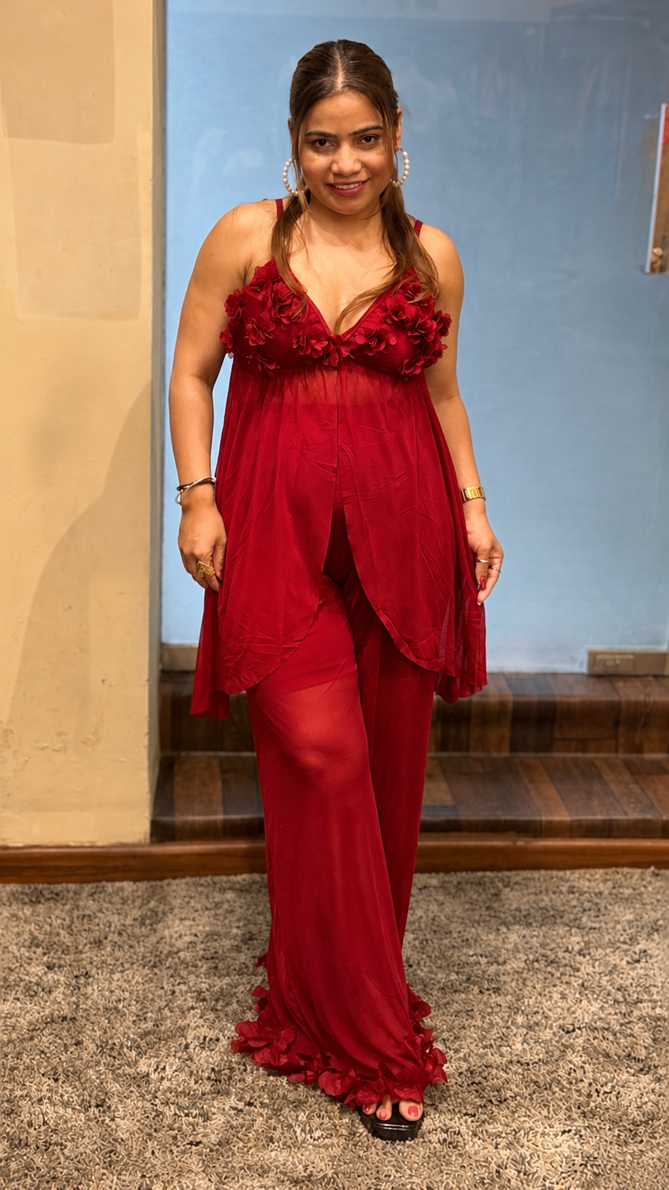 Sheer Floral Lace Nightwear Set – Red & Black