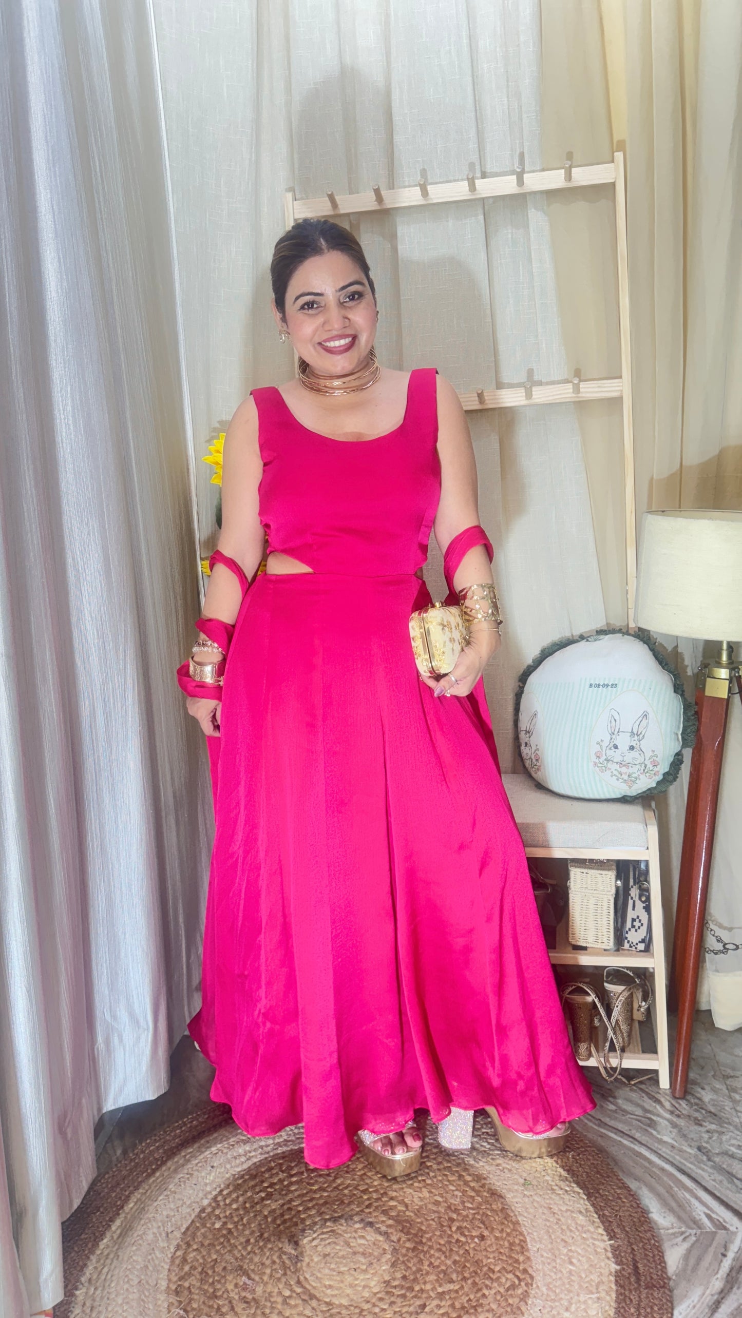 Hot Pink Flared Cut-Out Anarkali Dress