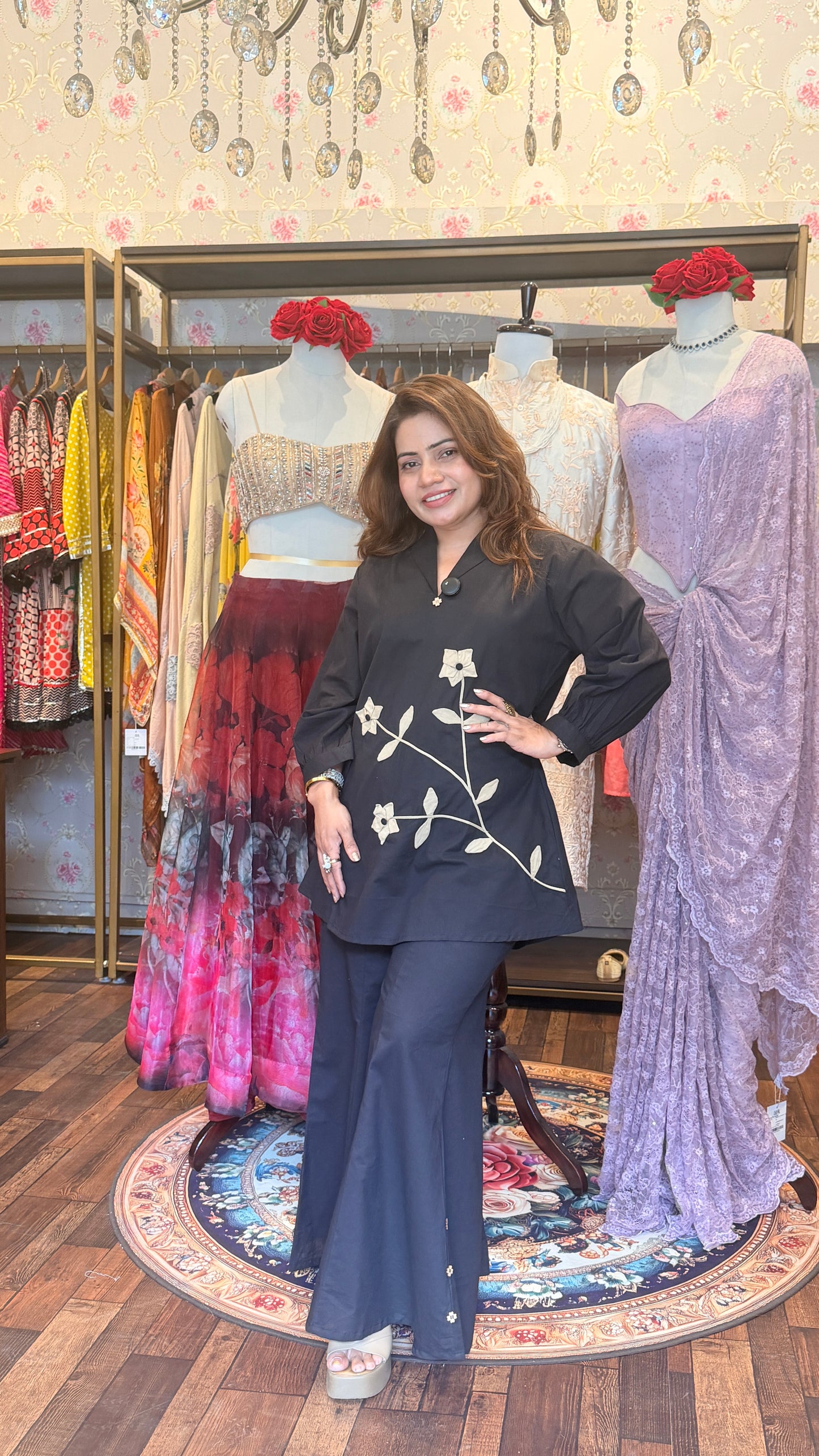 Black Floral Appliqué Co-Ord Set for Women | Premium Cotton Kurta with Palazzo Pants | Designer Ethnic Wear