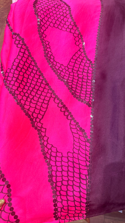 Pure Gajji Silk Saree with Hand Block Print & Hand Sequins Work