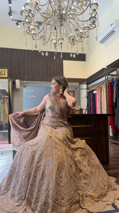 TIMELESS GOLDEN LIGHT MUGHAL EMBROIDERED LEHENGA WITH DUPATTA & UNSTITCHED BLOUSE PIECE