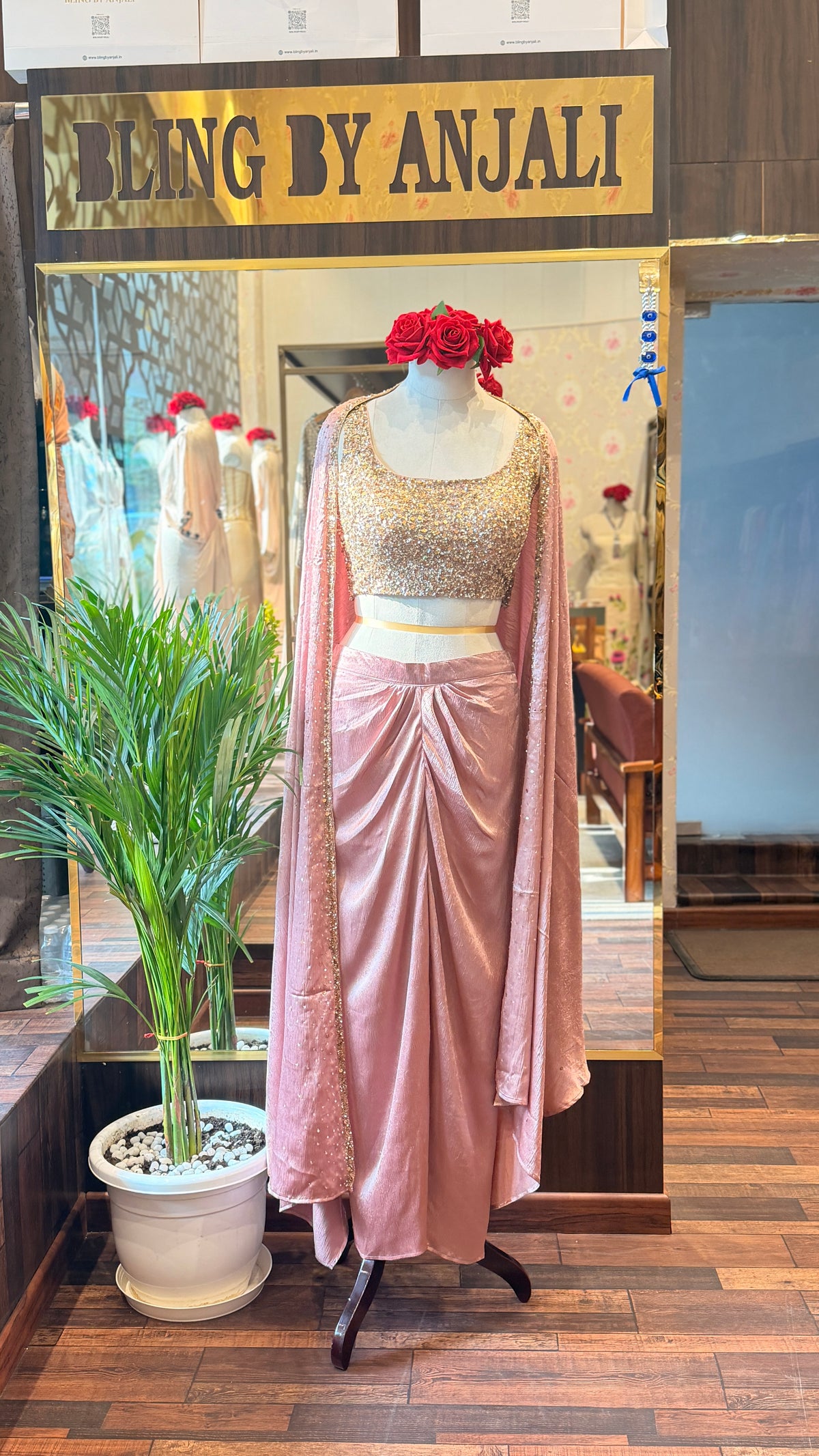 Blush Pink Three-Piece Draped Skirt Set
