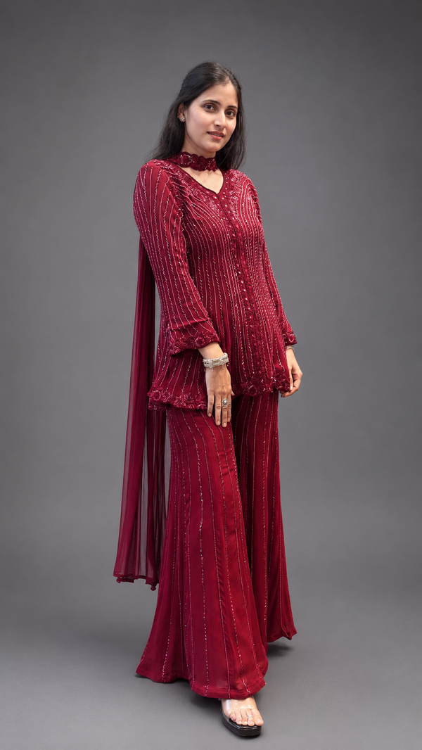 Luxury Wine Embellished Sharara Suit Set with Choker Dupatta