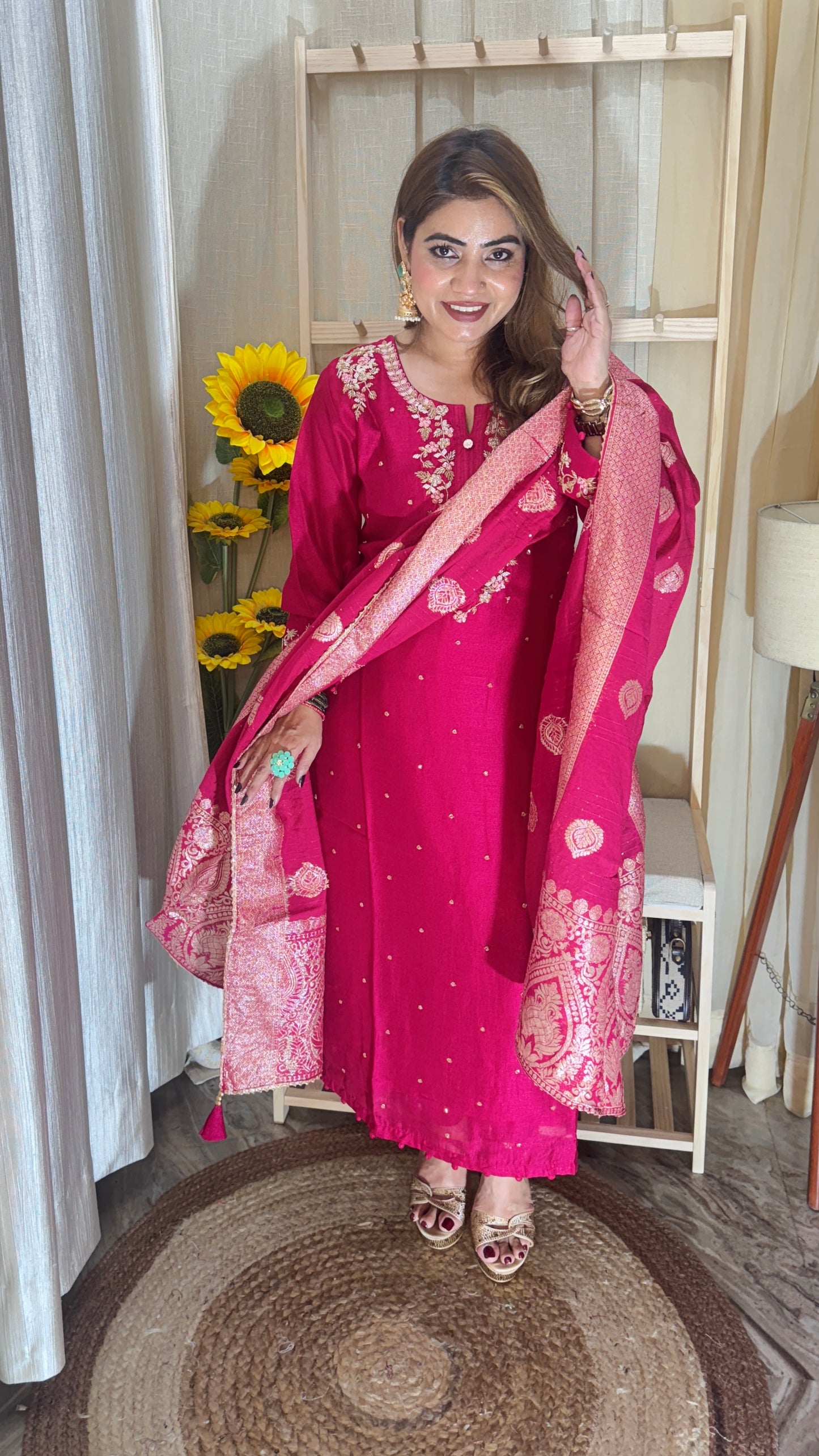 Fuchsia Pink Embroidered Suit with Banarasi Dupatta