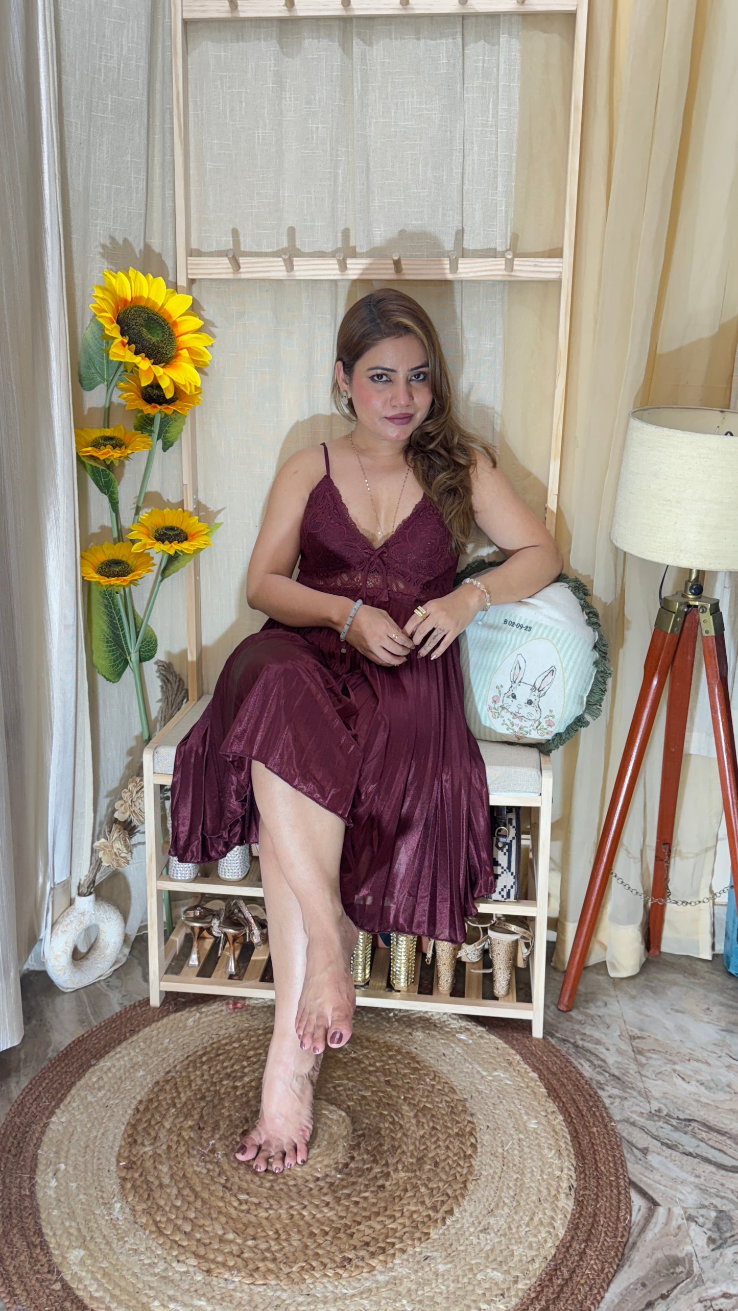 3pc Satin Pleated Lace Night Dress