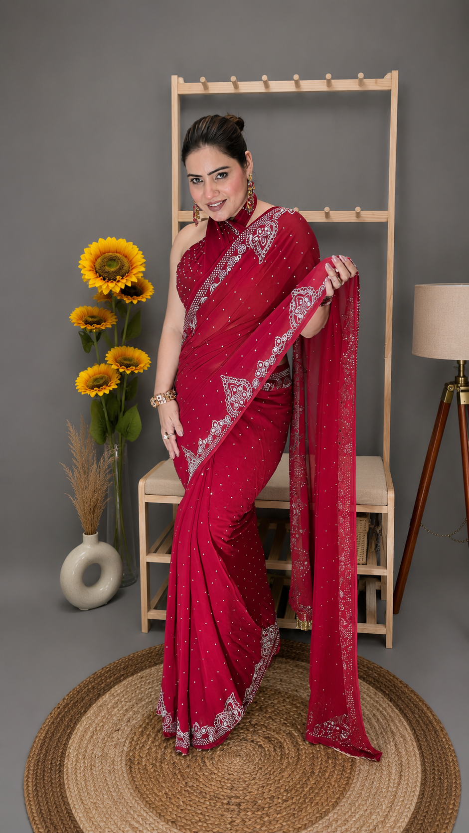 Crimson Red Swarovski Work Georgette Saree