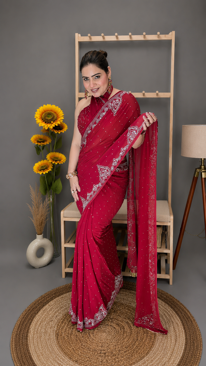 Crimson Red Swarovski Work Georgette Saree