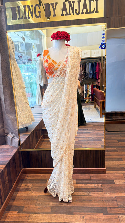 Ivory Embroidered Net Saree with Designer Blouse | Luxury Party Wear Saree | South Delhi Boutique Collection