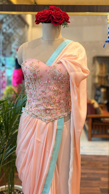 Baby Pink Embellished Corset with Blue Border Saree