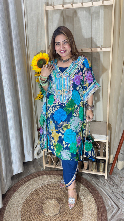 Embellished Floral Kaftan Set with Pants & Potli Bag