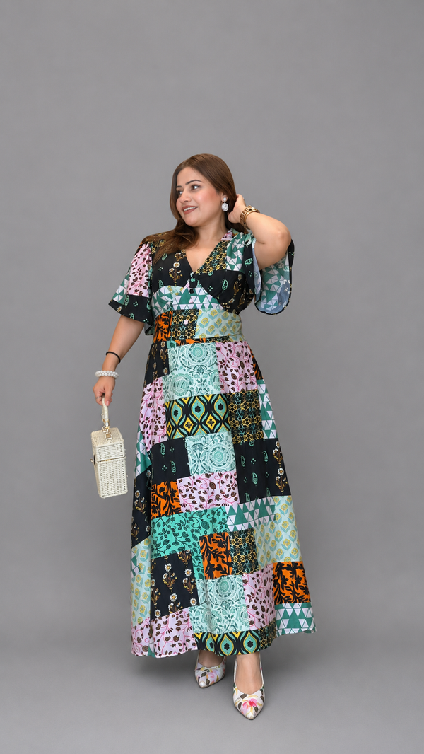 Multicolor Patchwork Print Maxi Dress for Women