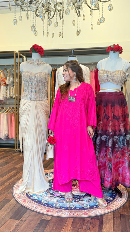 Hot Pink Embroidered Kurta & Pants Set